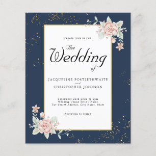 Blue Budget Wedding Invitation Rose Pink Peony Flyer