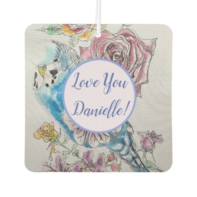 Blue Budgie art floral Flower Car Air Freshener (Front)