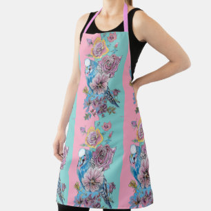 Blue Budgie Bird Rose Floral Pink Aqua Budgerigar Apron