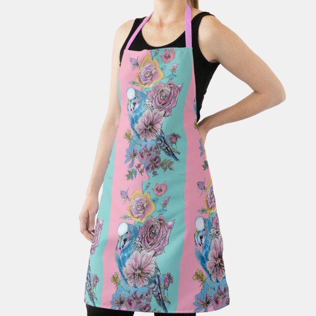 Blue Budgie Bird Rose Floral Pink Aqua Budgerigar Apron (Insitu)