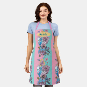 Blue Budgie Bird Rose Floral Pink Aqua Budgerigar Apron