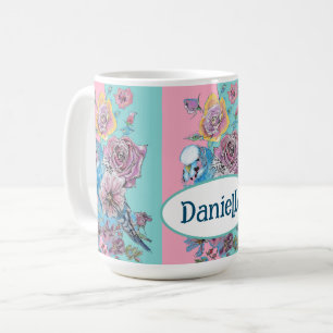 Blue Budgie Bird Rose Floral Pink Aqua Girls Name Coffee Mug