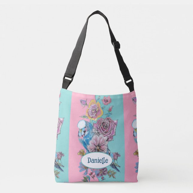 Blue Budgie Bird Rose Floral Pink Aqua Girls Name Crossbody Bag (Front)