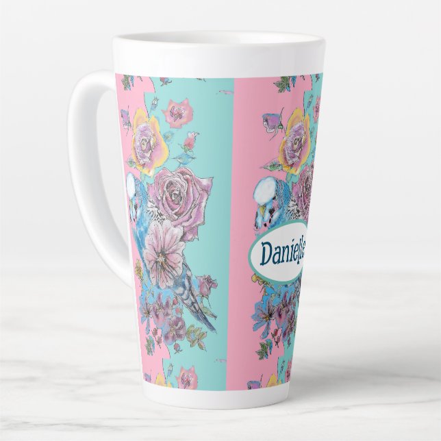 Blue Budgie Bird Rose Floral Pink Aqua Girls Name Latte Mug (Left Angle)