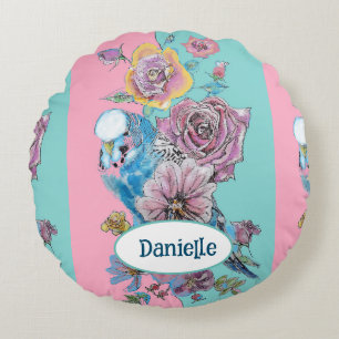 Blue Budgie Bird Rose Floral Pink Aqua Girls Name Round Cushion