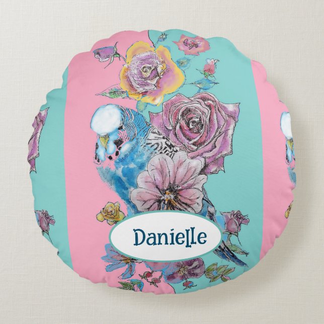 Blue Budgie Bird Rose Floral Pink Aqua Girls Name Round Cushion (Front)