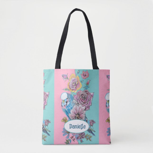Blue Budgie Bird Rose Floral Pink Aqua Girls Name Tote Bag (Front)