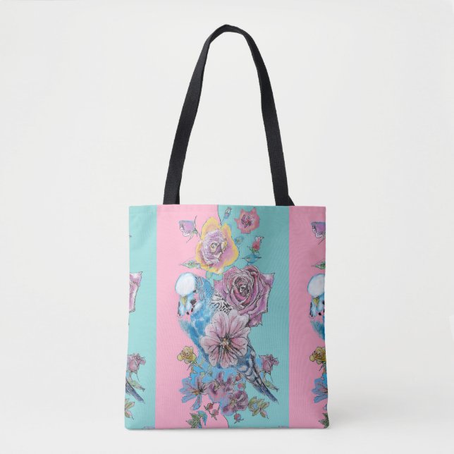 Blue Budgie Bird Rose Floral Pink Aqua Girls Name Tote Bag (Front)