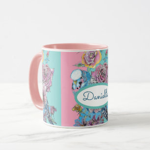 Blue Budgie Bird Rose Floral Pink Aqua Mug