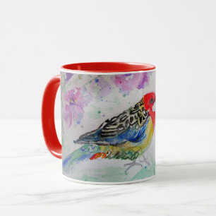 Blue Budgie Bird Rose Floral Pink Red Mug