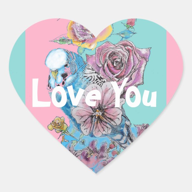 Blue Budgie Bird Rose Flower Love Painting Aqua Heart Sticker (Front)