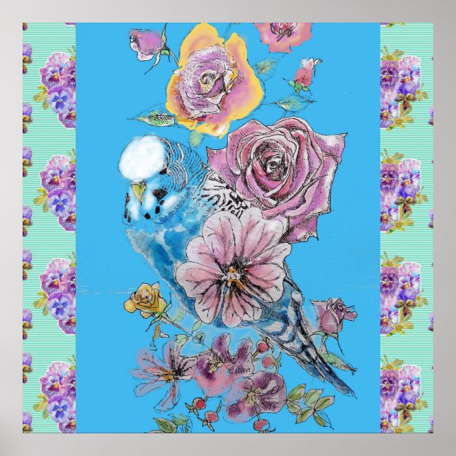 Blue Budgie Bird Rose Flower Painting Aqua Poster (Front)