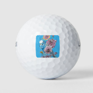 Blue Budgie Budgerigar Rose Watercolor floral art Golf Balls