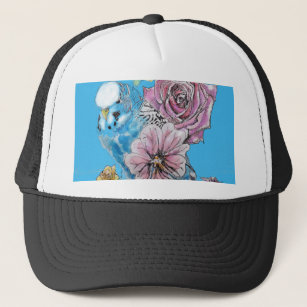 Blue Budgie Budgerigar Rose Watercolor floral art Trucker Hat