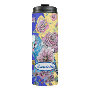 Blue Budgie Budgerigar Rose Watercolor floral Navy Thermal Tumbler