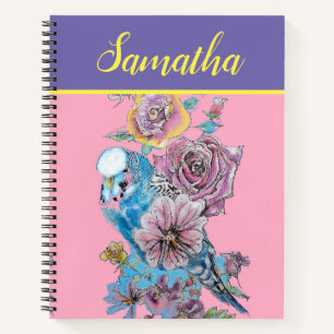 Blue Budgie Budgie Rose Flower Watercolor  Notebook