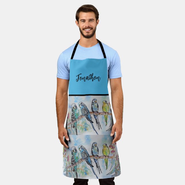 Blue Budgie Budgies Art Watercolor Birds Apron (Worn)