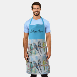 Blue Budgie Budgies Art Watercolor Birds Mens Name Apron