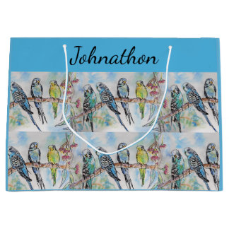 Blue Budgie Budgies Art Watercolor Birds Mens Name Large Gift Bag