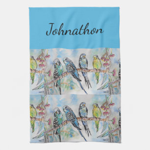 Blue Budgie Budgies Art Watercolor Birds Mens Name Tea Towel