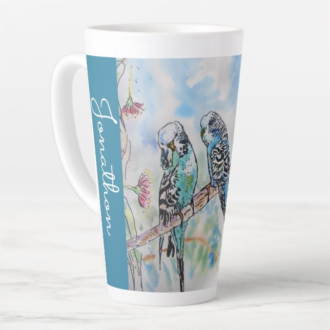 Blue Budgie Budgies Parrots Husbands Mens Name Latte Mug (Left Angle)