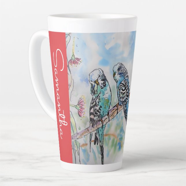 Blue Budgie Budgies Parrots Watercolor Womans Name Latte Mug (Left Angle)