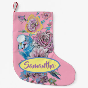 Blue Budgie Budgies Rose Floral Christmas Stocking