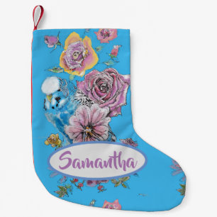 Blue Budgie Budgies Rose Floral Christmas Stocking