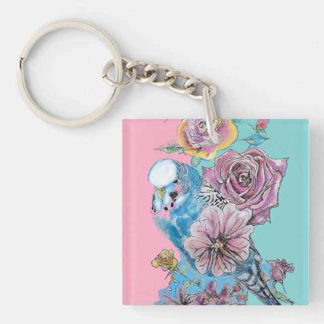 Blue Budgie Budgies Rose Flower floral Key Ring (Front)