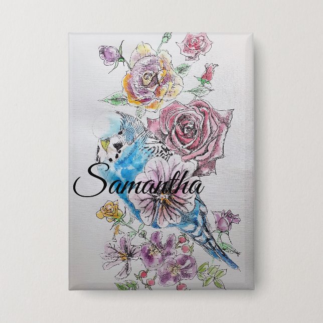 Blue Budgie Budgies Rose Flower floral Key Ring (Front)