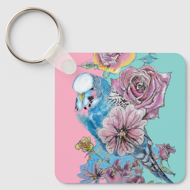 Blue Budgie Budgies Rose Flower floral Key Ring (Front)