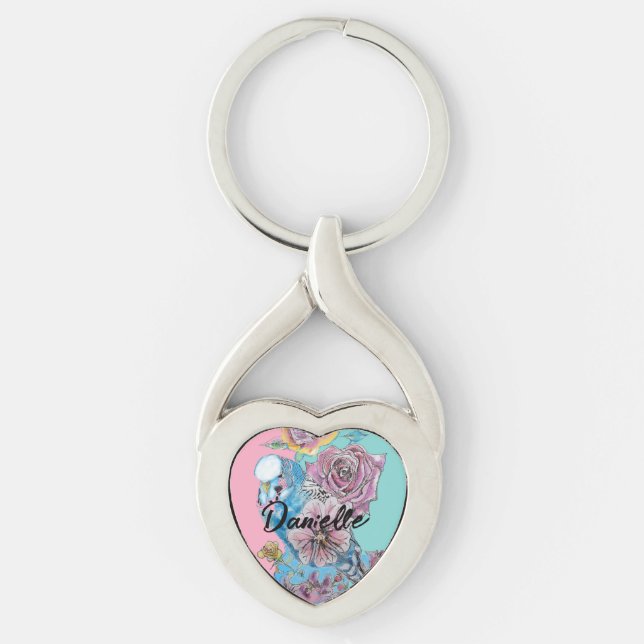 Blue Budgie Budgies Rose Flower floral Key Ring (Front)