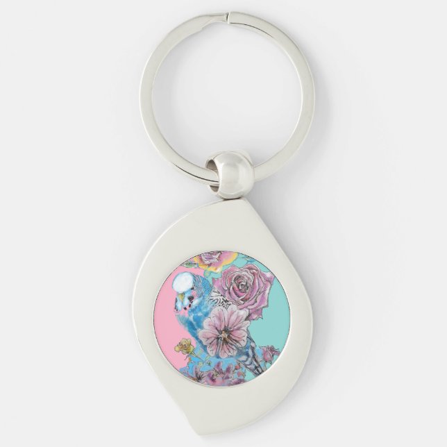 Blue Budgie Budgies Rose Flower floral Key Ring (Front)
