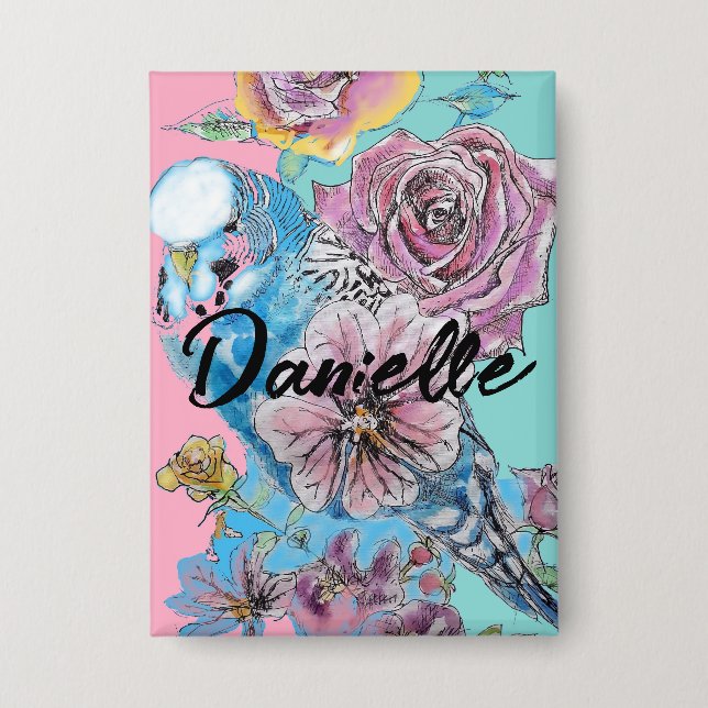 Blue Budgie Budgies Rose Flower floral Key Ring (Front)