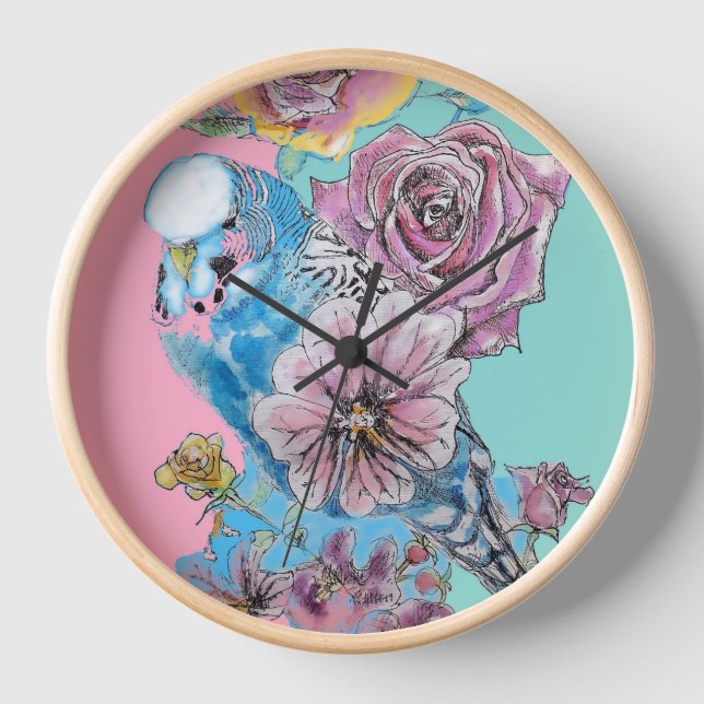 Blue Budgie Budgies Rose Flower floral Key Ring Clock (Front)