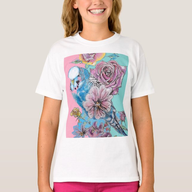Blue Budgie Budgies Rose Flower floral Key Ring T-Shirt (Front)