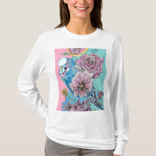 Blue Budgie Budgies Rose Flower floral Key Ring T-Shirt