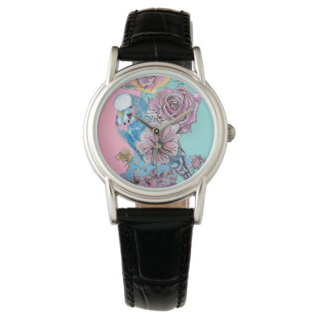 Blue Budgie Budgies Rose Flower floral Key Ring Watch (Front)