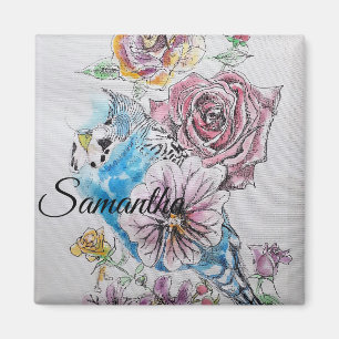 Blue Budgie Budgies Rose Flower floral Magnet