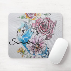 Blue Budgie Budgies Rose Flower floral Mouse Mat