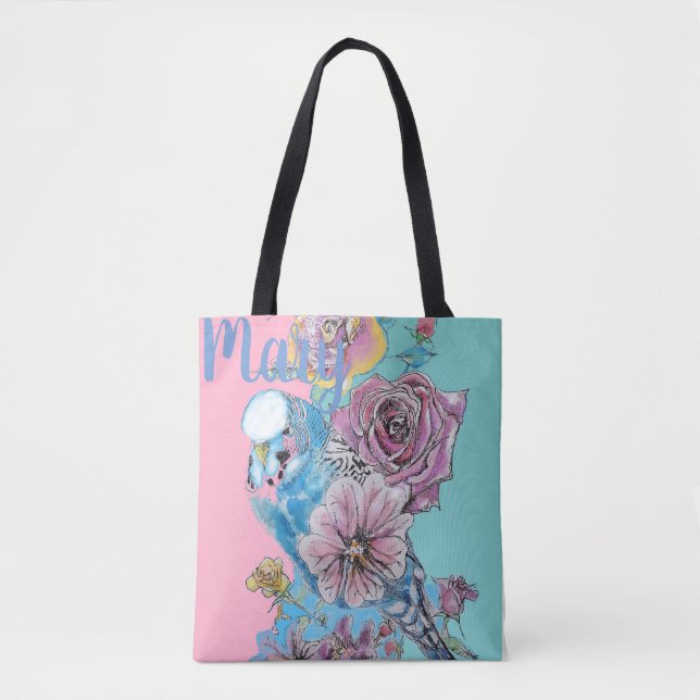 Blue Budgie Budgies Rose Flower floral Tote Bag (Front)