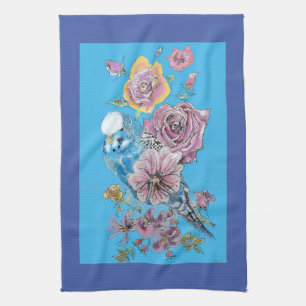 Blue Budgie Cute Whimsical Navy Blue floral Tea Tea Towel