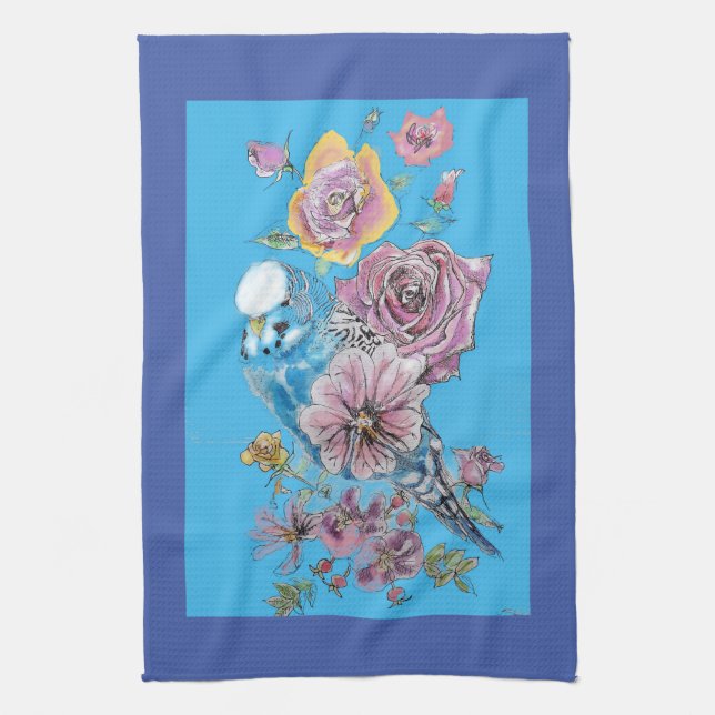 Blue Budgie Cute Whimsical Navy Blue floral Tea Tea Towel (Vertical)