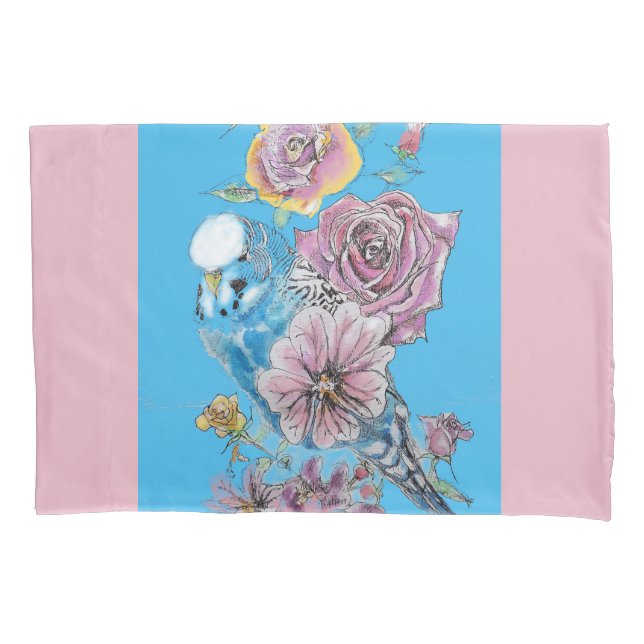 Blue Budgie Cute Whimsical Pink Blue Girls Baby Pillowcase (Front)