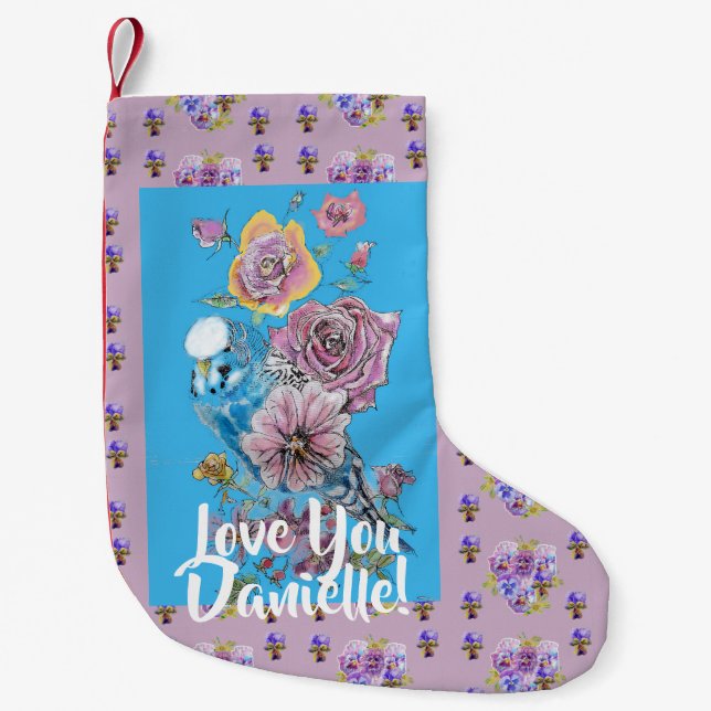 Blue Budgie floral art Ladies Christmas Stocking (Front)