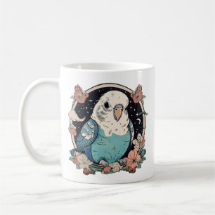 Blue Budgie Floral Print Mug Elegant Bird Lover