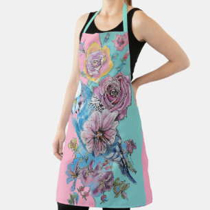Blue Budgie Flower Roses Pink floral Kitchen Apron