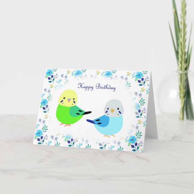 Blue Budgie Green Budgie Floral Happy Birthday Card (Front)