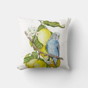 Blue Budgie in Lemon Tree Watercolor Botanical Art Cushion
