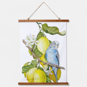 Blue Budgie in Lemon Tree Watercolor Botanical Art Hanging Tapestry